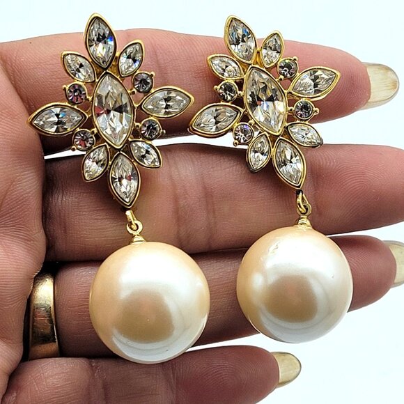Monet Jewelry - Monet Faux Pearl & Rhinestones Drop Dangle Earrings Gold Tone Statement